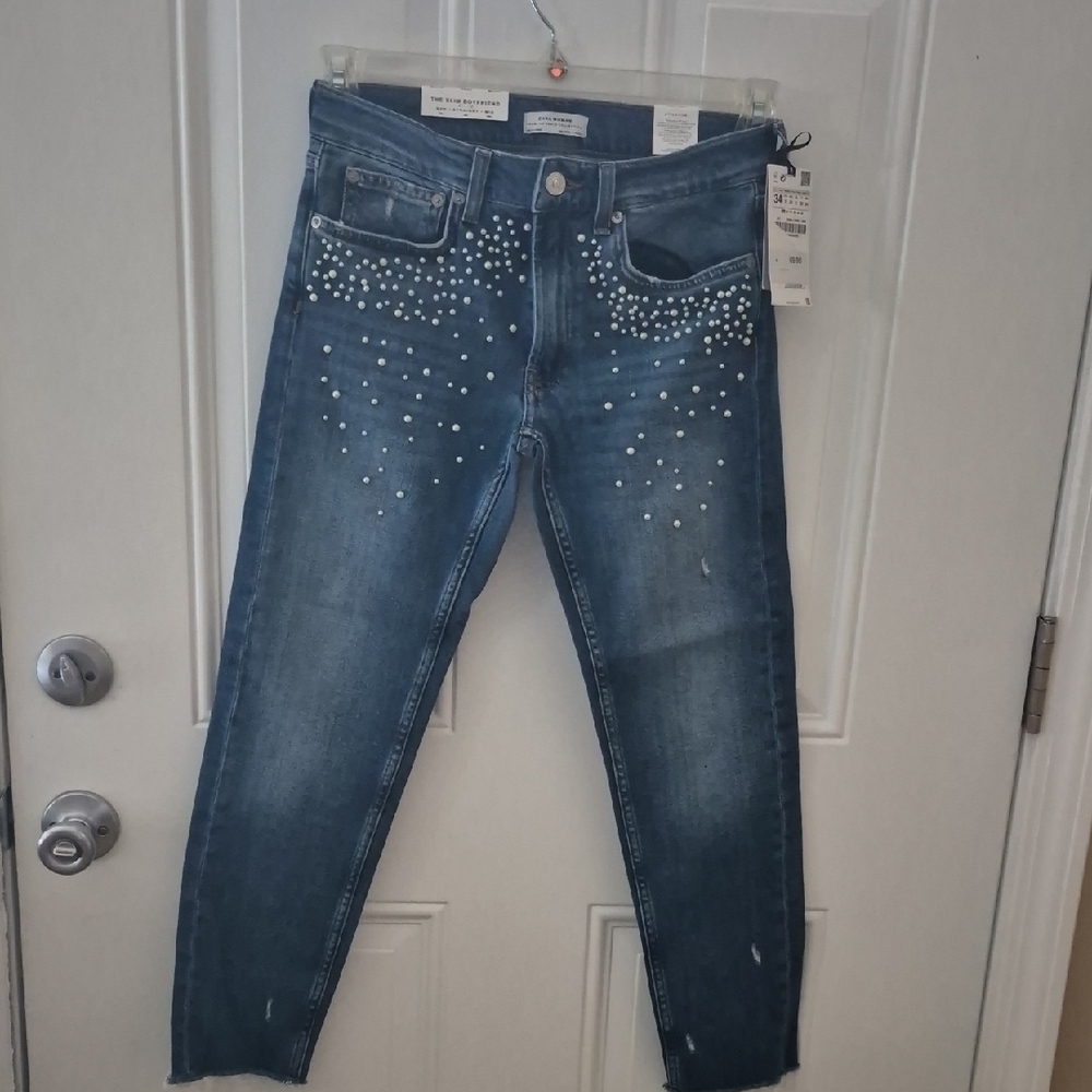 Zara Distressed Blue Jeans with Pearl Accents